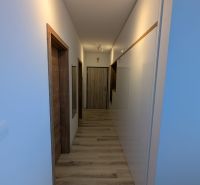 Flur in einer 2-Zimmer-Wohnung mit einem Holzboden und weißen Wänden.