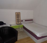 Ein Zimmer in einer 2-Zimmer-Wohnung mit einem Bett, einem Sessel und einem Boden in Holzoptik.
