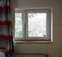 Ein Fenster mit Vorhang und Blick auf das Dach in einer 2-Zimmer-Wohnung.