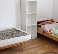 Zwei Betten, ein Regal und ein Boden mit Holzdekor in einer 2-Zimmer-Wohnung.