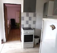 Küche in einer 2-Zimmer-Wohnung, mit Blick auf den Wohnraum mit Holzboden.