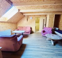 Wohnzimmer eines Einfamilienhauses mit Holzboden und rosa Sesseln.