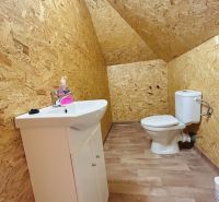 Innenraum eines Badezimmers in einem Einfamilienhaus mit Holzboden und OSB-Platten.