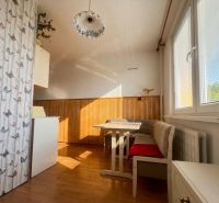 Essecke in einer Zweizimmerwohnung mit Holzboden und Tapete mit Schmetterlingsmuster.