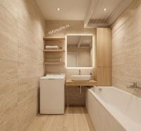 Elegantes Badezimmer in einer 2-Zimmer-Wohnung mit Holzboden.