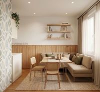 Wohnzimmer in einer 2-Zimmer-Wohnung mit natürlichen Dekorationen und hellen Holzelementen.