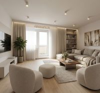 Wohnzimmer mit Holzboden, bequemer Couch und moderner Einrichtung.