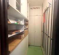 Stauraum in einer 2-Zimmer-Wohnung mit Regalen und Boxen, grüne Böden.