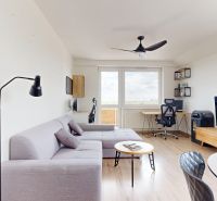 Helles Wohnzimmer mit Sofa, Fernseher, Tisch und Holzboden in einer 3-Zimmer-Wohnung.