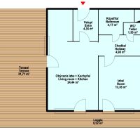 Grundriss einer 3-Zimmer-Wohnung mit Terrasse und Loggia, umfasst ein Wohnzimmer und ein Badezimmer.