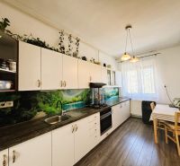 Küche mit Küchenzeile, Tisch und Boden mit Holzdekor in einer 2-Zimmer-Wohnung.
