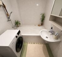 Badezimmer in einer 2-Zimmer-Wohnung mit Badewanne, Waschbecken und Waschmaschine. Neutrale Farbtöne.