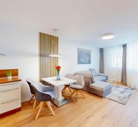 Offener Wohn- und Küchenbereich mit Sofa und Holzboden.