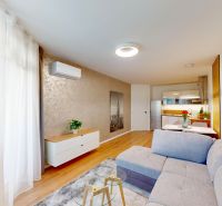 Wohnbereich mit Holzboden, Sofa und Esstisch in einer 2-Zimmer-Wohnung.