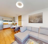 2-Zimmer-Wohnung mit Küche, Sofa und Holzboden.