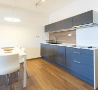 Küche einer Einzimmerwohnung mit Esstisch und Boden in Holzoptik.