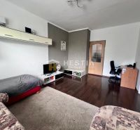 Wohnzimmer in einer Zweizimmerwohnung mit Holzboden und Arbeitsecke.
