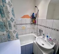 Badezimmer in einer 2-Zimmer-Wohnung mit Dusche, Waschbecken und Waschmaschine.