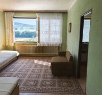 Innenraum eines Einfamilienhauses mit grünen Wänden, Teppichboden und Blick aus dem Fenster.