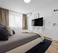 Schlafzimmer mit Bett, Fernseher und Holzboden in einer 2-Zimmer-Wohnung.