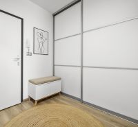 Eingangsbereich in einer 2-Zimmer-Wohnung mit Holzboden und minimalistischen Möbeln.