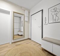 Eingangsbereich in einer 2-Zimmer-Wohnung mit Holzboden und Spiegel.
