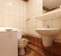 Badezimmer in einer 2-Zimmer-Wohnung mit Waschmaschine und Toilette, Fliesen mit feinem Muster.