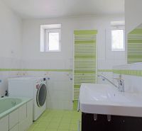 Badezimmer in einem Einfamilienhaus mit Badewanne, Waschmaschine und Waschbecken in Weiß- und Grüntönen.