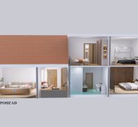Ein Schnitt durch ein Einfamilienhaus mit Wohnzimmer, Küche und Schlafzimmern.