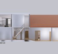 Querschnitt eines Einfamilienhauses mit sichtbarer Treppe und Raumaufteilung.
