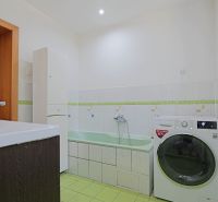 Badezimmer in einem Einfamilienhaus mit grünen Fliesen, einer Badewanne und einer Waschmaschine.