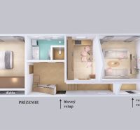 Grundriss des Erdgeschosses eines Einfamilienhauses mit Schlafzimmer, Badezimmer und Küche mit Wohnbereich.