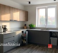 Küche in einer Einzimmerwohnung mit Holzboden und Küchenzeile.