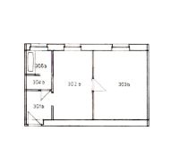 Grundriss einer 1-Zimmer-Wohnung mit separaten Räumen und einem Eingangsflur.