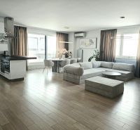 Wohnzimmer mit Küchenzeile, Boden mit Holzdekor, geräumiges Sofa, 4-Zimmer-Wohnung.