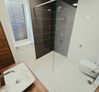 Badezimmer in einer 4-Zimmer-Wohnung mit Waschbecken, Dusche und dunklen Fliesen.