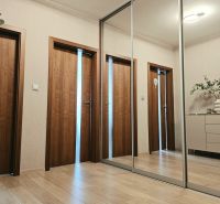 Flur mit einem Spiegelschrank, einem Boden mit Holzdekor und Türen in einer 4-Zimmer-Wohnung.