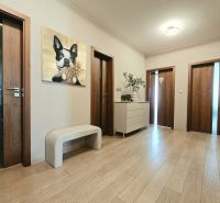 Flur in einer 4-Zimmer-Wohnung mit einem Bild eines Hundes, Holzboden und Möbeln.