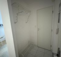 Flur mit Garderobe und Schuhschrank in einer Einzimmerwohnung mit Fliesenboden.