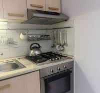 Küche in einer Einzimmerwohnung mit Gasherd und Schränken in hellem Dekor.