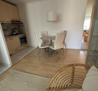 Küche und Essbereich in einer Einzimmerwohnung mit Holzboden.