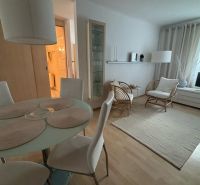 Heller Wohnraum mit Esstisch und Holzboden in einer Einzimmerwohnung.