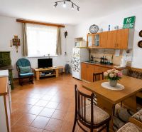 Küche in einem Einfamilienhaus mit Kamin, Möbeln und Dekorationen, Boden mit Holzdekor.