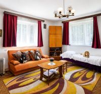 Wohnzimmer in einem Einfamilienhaus mit einem orangefarbenen Sofa, einem Teppich mit buntem Muster und Holzelementen.