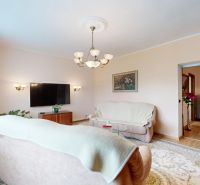 Wohnzimmer in einer 3-Zimmer-Wohnung mit Sofa, Fernseher und hellem Teppich.