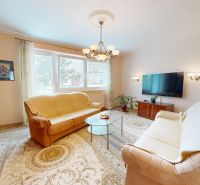 Wohnzimmer mit Teppichen, Sofas und Fernseher in einer 3-Zimmer-Wohnung.