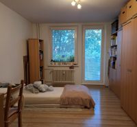 Ein Zimmer in einer 3-Zimmer-Wohnung mit einem Bett, Regalen und einem Boden in Holzoptik.