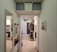 Ein Flur mit Holzboden in einer 3-Zimmer-Wohnung mit Aufbewahrungsboxen.