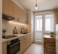 Küche in einer 2-Zimmer-Wohnung mit Holzboden und Esstisch.