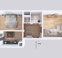 Grundriss einer 2-Zimmer-Wohnung mit Holzboden, geräumiger Küche und Wohnbereich.